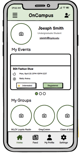 Profile screen of OnCampus App wireframe